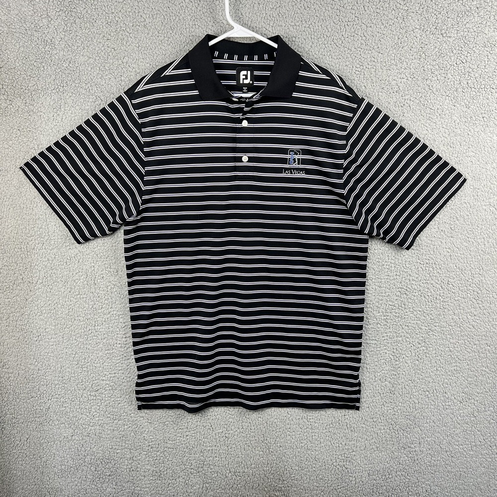Footjoy FJ Golf Polo Shirt Mens Medium TPC Las Vegas Black Striped Short Sleeve‎